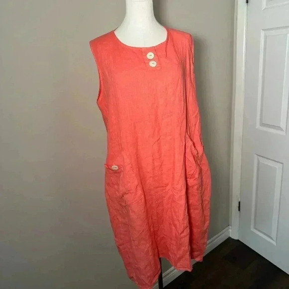 Coral Italian 100% linen dress  L - Picture 2 of 6